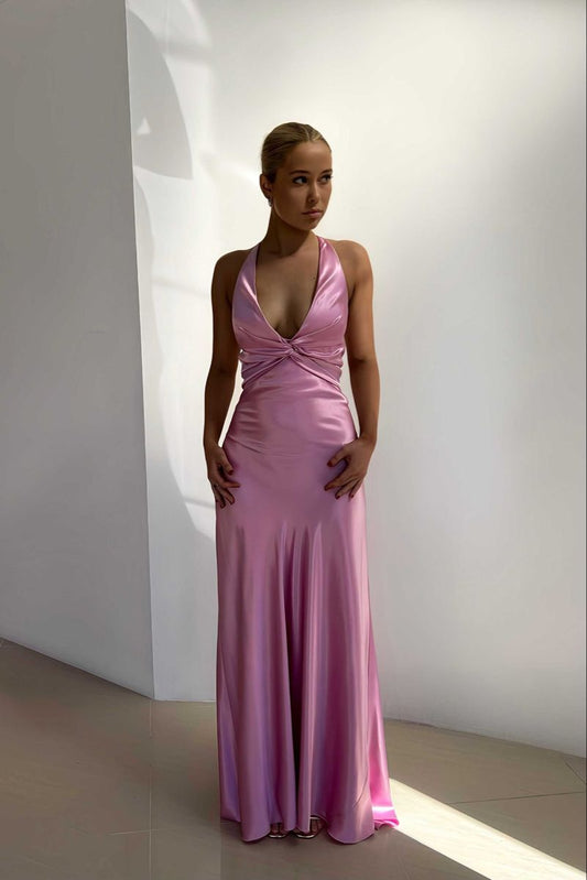 Elegantes, langes Meerjungfrauen-Abendkleid aus rosa Satin mit Neckholder, perfekt für Sommer, Strand, Abschlussball oder Frühlingshochzeit (N1396)