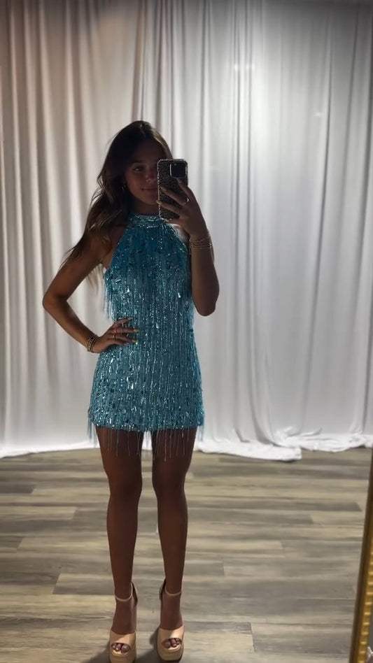 Shimmering Halter Sequin Dress for Prom Night Blue Homecoming Dress RB6304