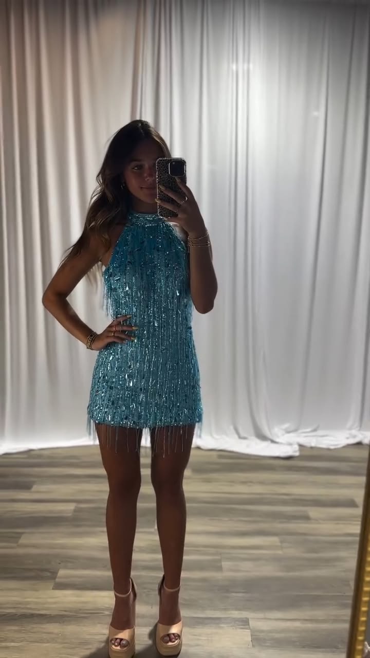 Sparkly Sheath High Neck Blue Sequin Birthday Outfits Mini Party Gown inspo Short Cocktail Hoco Dresses RB6071