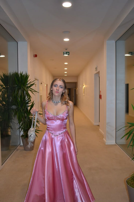 Vintage A-Linien Spaghettiträger Rosa Satin mit Perlenärmellos Langes Abendkleid Ballkleider N2556