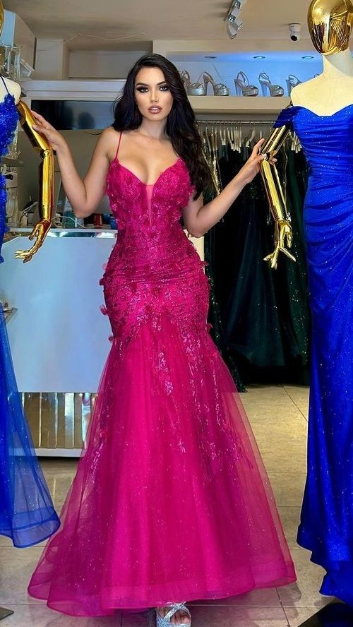 Unique Mermaid Spaghetti Straps Hot Pink Sequin Prom Dresses Long Party Dress 18th Birthday Outfits Graduation Dress RB1031