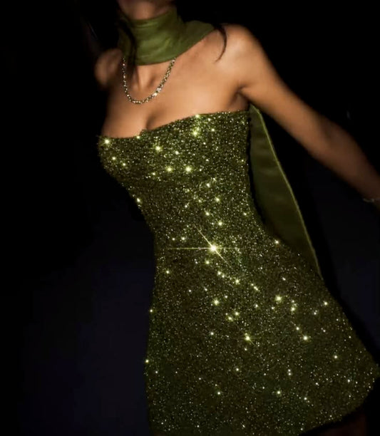 Sparkly A line Strapless Green Sequin Short Party Dresses Homecoming Cocktail Gowns RB8973