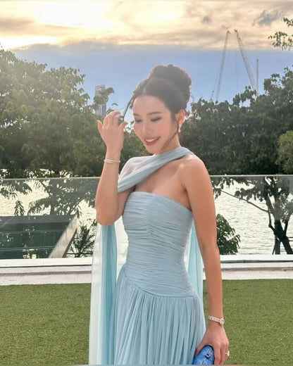 Robe de bal longue sirène bustier bleu ciel clair en mousseline, taille basse, style modeste, N425