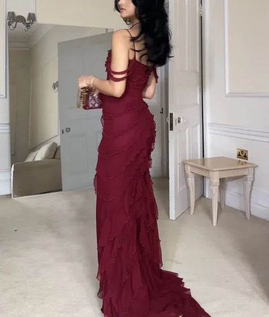 Pretty Mermaid Off The Shoulder Burgundy Slit Long Prom Dresses Formal Evening Dress N1622