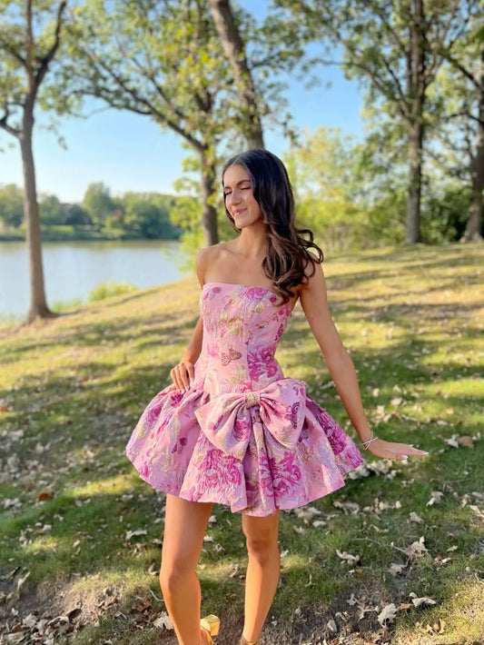Cute Ball Gown Strapless Floral Pink Satin Hoco dress inspo Short Homecoming Dresses 2026 RB6047