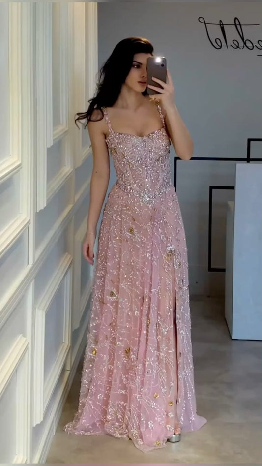 Prom Dress A line Straps Pink Sequin Simple Sleeveless Evening Gown for Teens RB9808