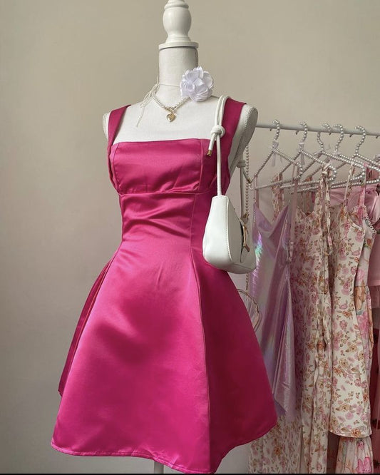 Elegantes, rückenfreies, kurzes Satin-Kleid in A-Linie mit Trägern, rosa, zum 16. Geburtstag, Hoco Dresses N1926