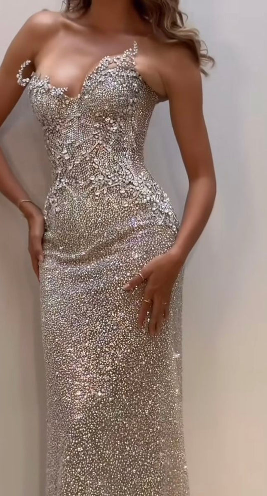 Glitzer Champagner Sweetheart Langes Abendkleid Ballkleider Pailletten Meerjungfrau Eng Anliegend für Teenager Mädchen Frauen N4098