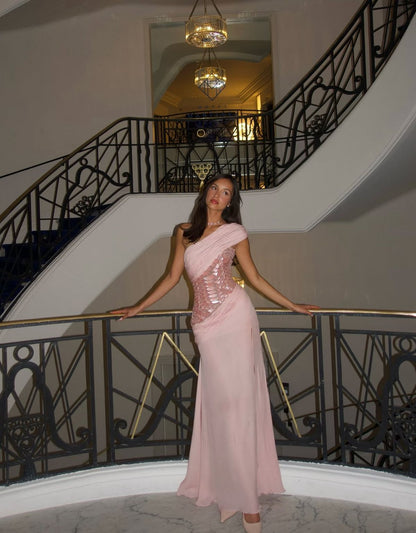 Pink Prom Dresses Inspiration Mermaid One Shoulder Slit Chiffon Pleated Evening Gown Long Gala Formal Dress RC1482