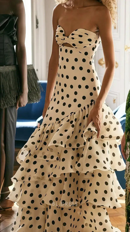 Trägerloses, langes Meerjungfrauen-Abendkleid mit Punkten und Rüschen, ärmellos, AB1761