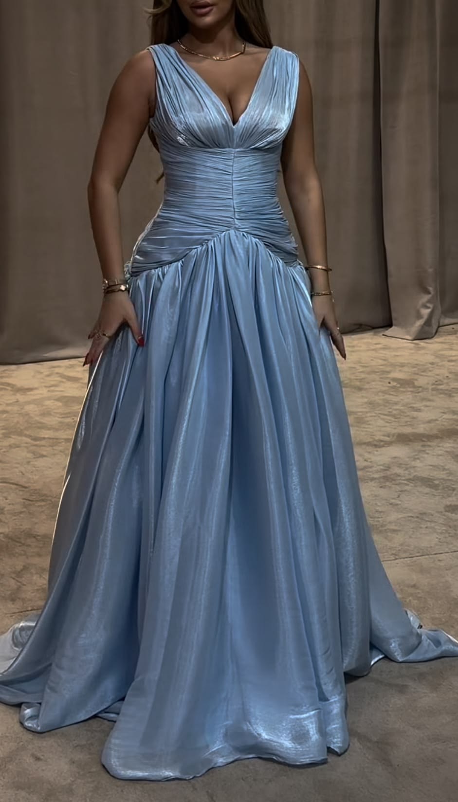 Blue A Line Prom Dress V Neck Satin Evening Party Semi Pleated Ruffled Long Gala Formal Dress RC1518