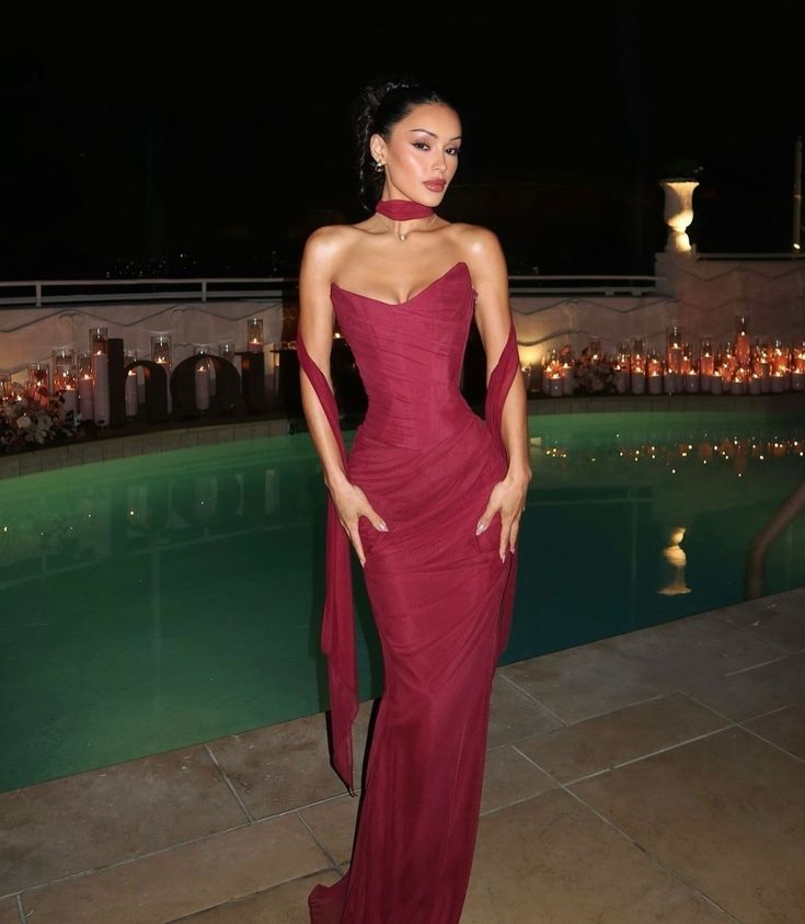Sexy Two Piece Set Mesh Corset Top and Maxi Skirt Red Valentines Outfit Women Prom Evening Dress AB1636
