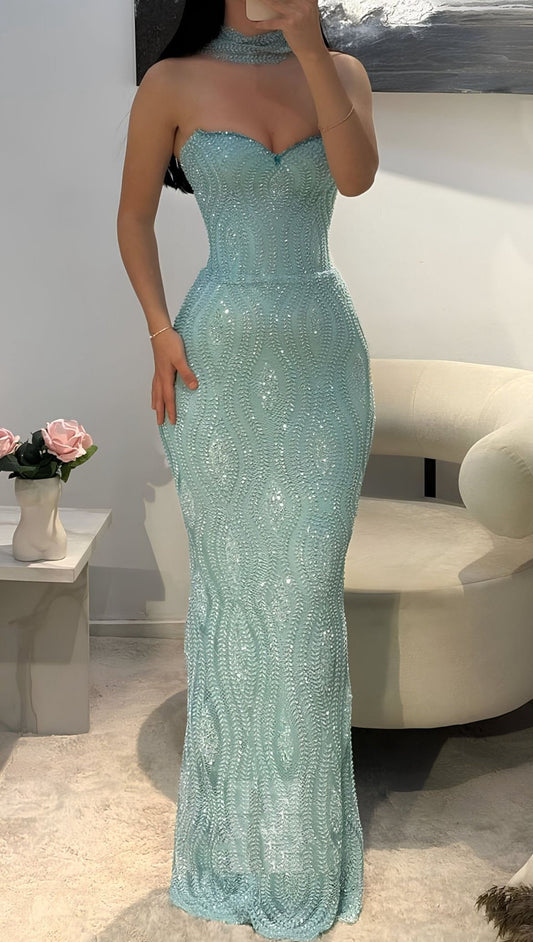 Glitter Sweetheart Blaues langes Partykleid Abendkleid Pailletten Meerjungfrau Enganliegend für Teenager Mädchen Frauen N4100