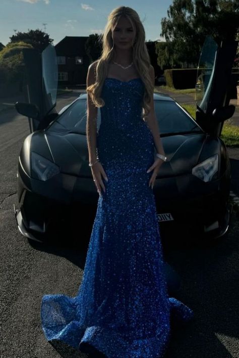 Glänzendes königsblaues Meerjungfrauen-Abendkleid mit Spaghettiträgern und Perlenbesatz, langes Ballkleid, Partykleid RB1671