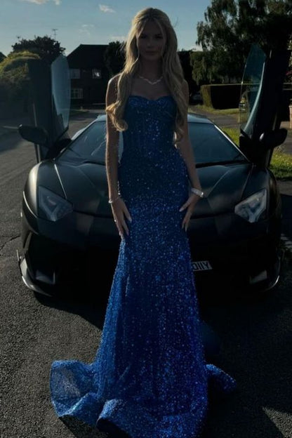 Glänzendes königsblaues Meerjungfrauen-Abendkleid mit Spaghettiträgern und Perlenbesatz, langes Ballkleid, Partykleid RB1671