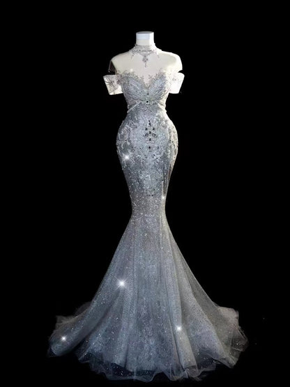 Princess Long Wedding Gowns Mermaid Off The Shoulder White Sequins For Bride With Sleeves Train Bridal Dresses AB2188
