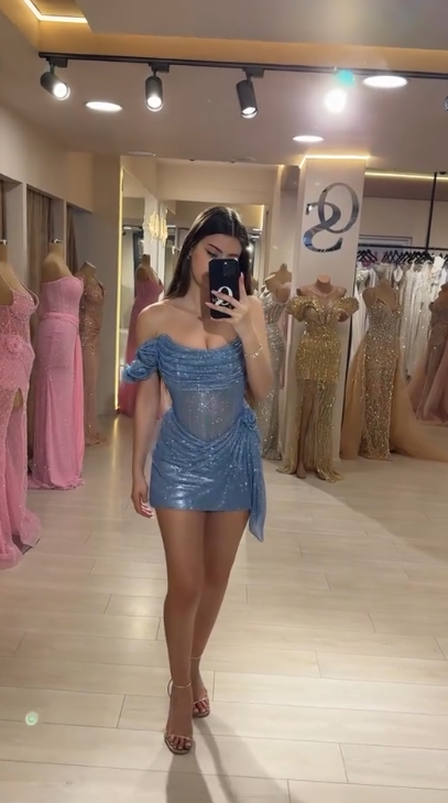 Sparkly Sheath Strapless Blue Sequined With Ruffled Mini Senior Inspo Short Homecoming Dresses N4751