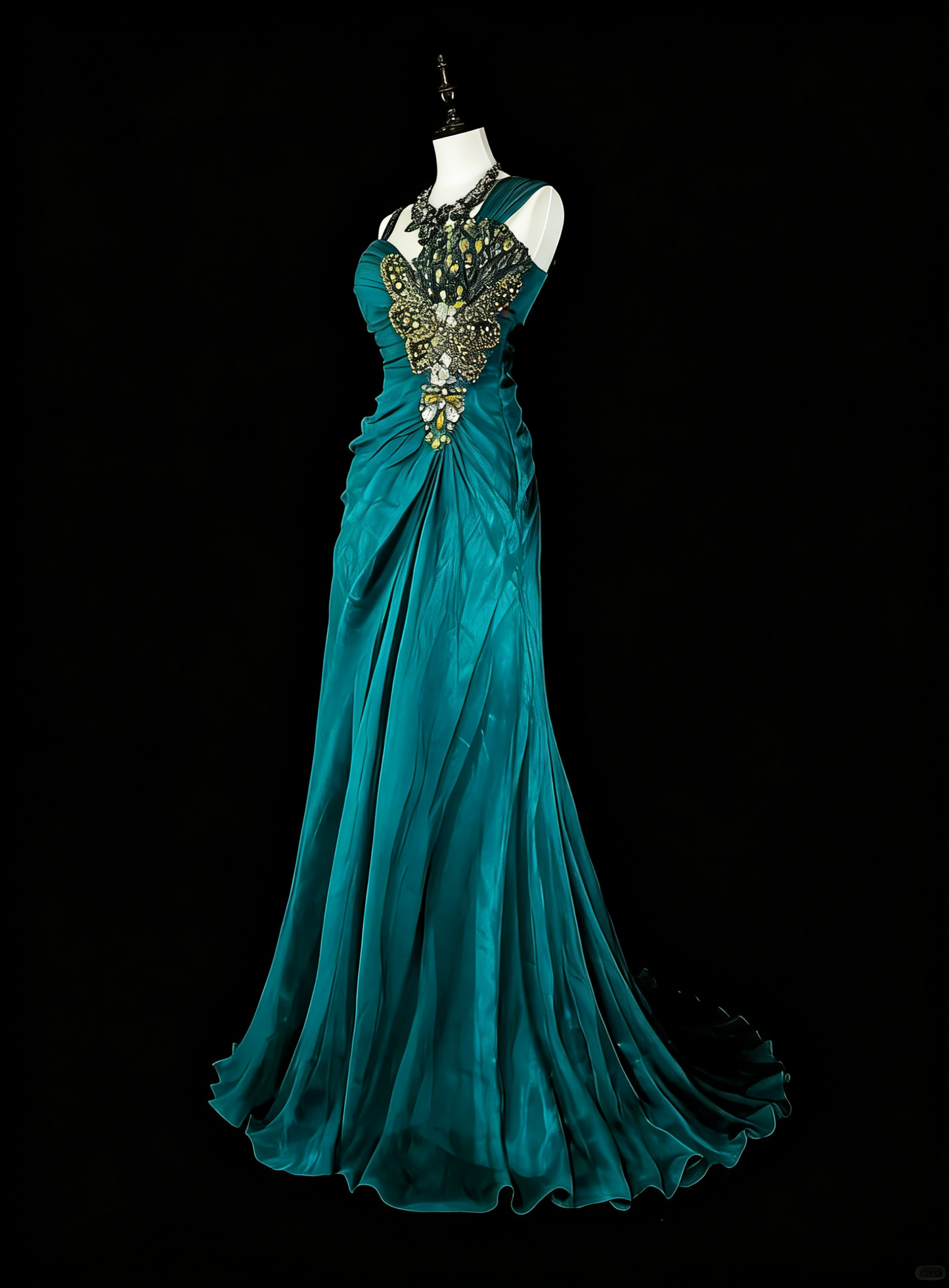 Robe de bal longue vintage vert sirène années 70 avec plis et perles dorées, N1837