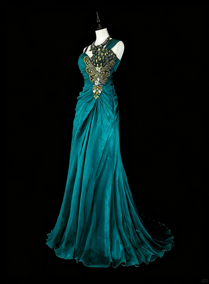 Robe de bal longue vintage vert sirène années 70 avec plis et perles dorées, N1837