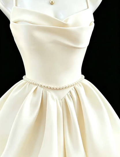 Simple Ball Gown Spaghetti Straps Ivory Satin Mini University Ideas Homecoming Dresses Inspo Short Hoco Court Gowns RB7199