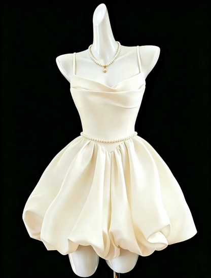 Simple Ball Gown Spaghetti Straps Ivory Satin Mini University Ideas Homecoming Dresses Inspo Short Hoco Court Gowns RB7199