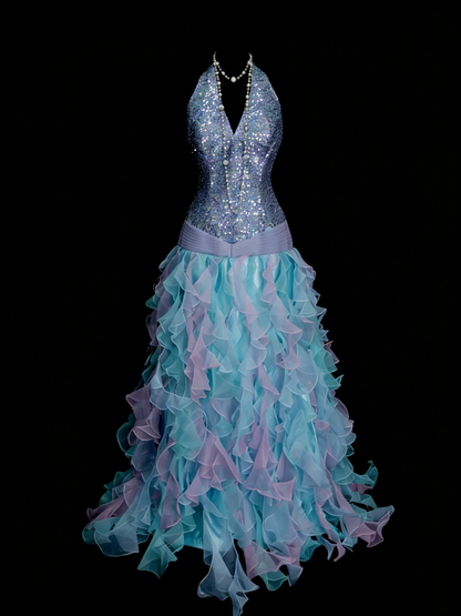 Cute Ball Gown Halter Blue With Tiered Layers Ruffles Long Party Gowns Prom Dresses N2143
