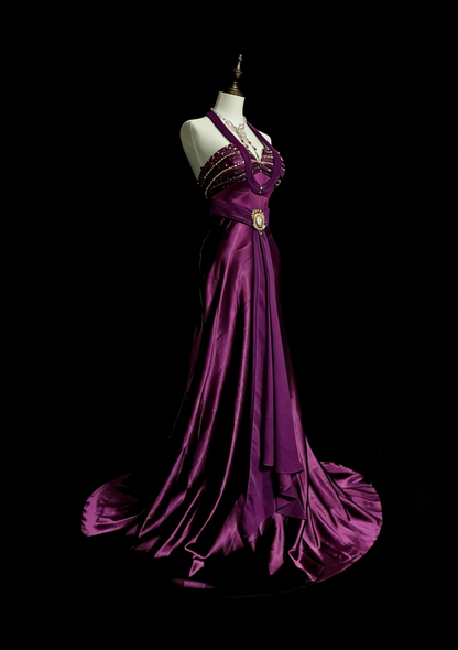 Retro Meerjungfrauen-Halterkleid aus lila Satin mit Perlenbesatz, ärmellos, 70er-Jahre-Stil, langes formelles Abendkleid N1494