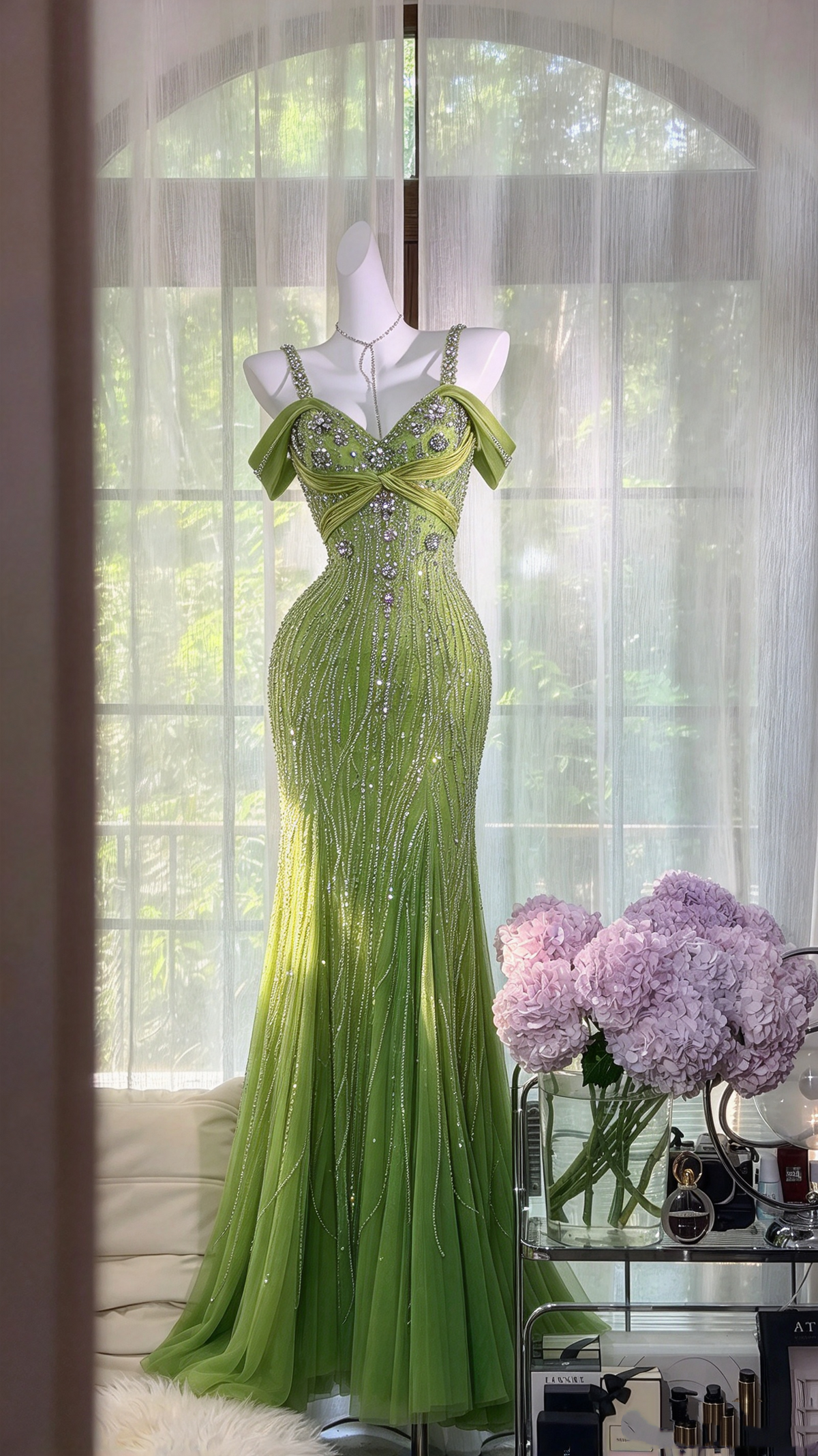 Shinning Prom Dresses Mermaid Spaghetti Straps Green With Beading Long Formal Dress RC1275