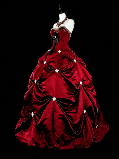 Robe de bal vintage bordeaux à décolleté cœur et volants, idéale pour les 16 ans et les quinceañeras (taille 15), référence N1827