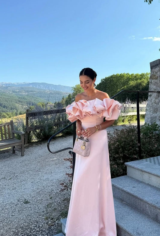 Elegantes A-Linien Off-Shoulder Rosa mit Ärmeln Frühlings-Abendkleid Lange Ballkleider N2680
