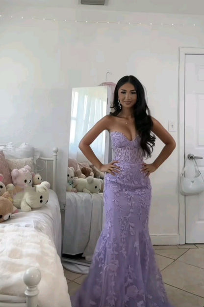 Robe de soirée sirène sans bretelles en tulle et dentelle AB642
