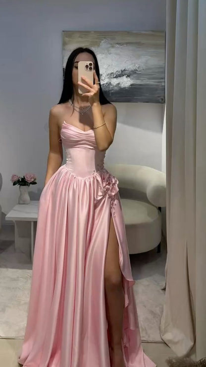 Robe de bal élégante en satin rose satiné, coupe trapèze, décolleté cœur et fente - Inspiration pour adolescentes - Tenue de soirée - Robe de bal AB051
