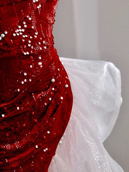 Elegantes Meerjungfrauen-Kleid, schulterfrei, Pink mit kurzen Ärmeln, formelles Kleid, Pailletten, Geburtstag, Abschlussballkleider N2816