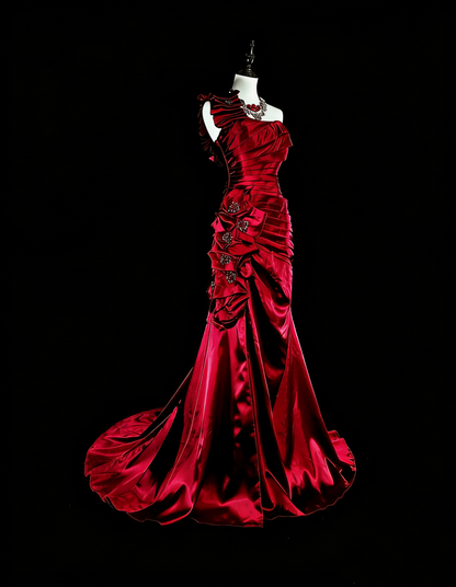 Robes de Bal Vintage Sirène Asymétrique Bourgogne Foncée Satin Perlé Années 1990 Longue Robe de Soirée N2710