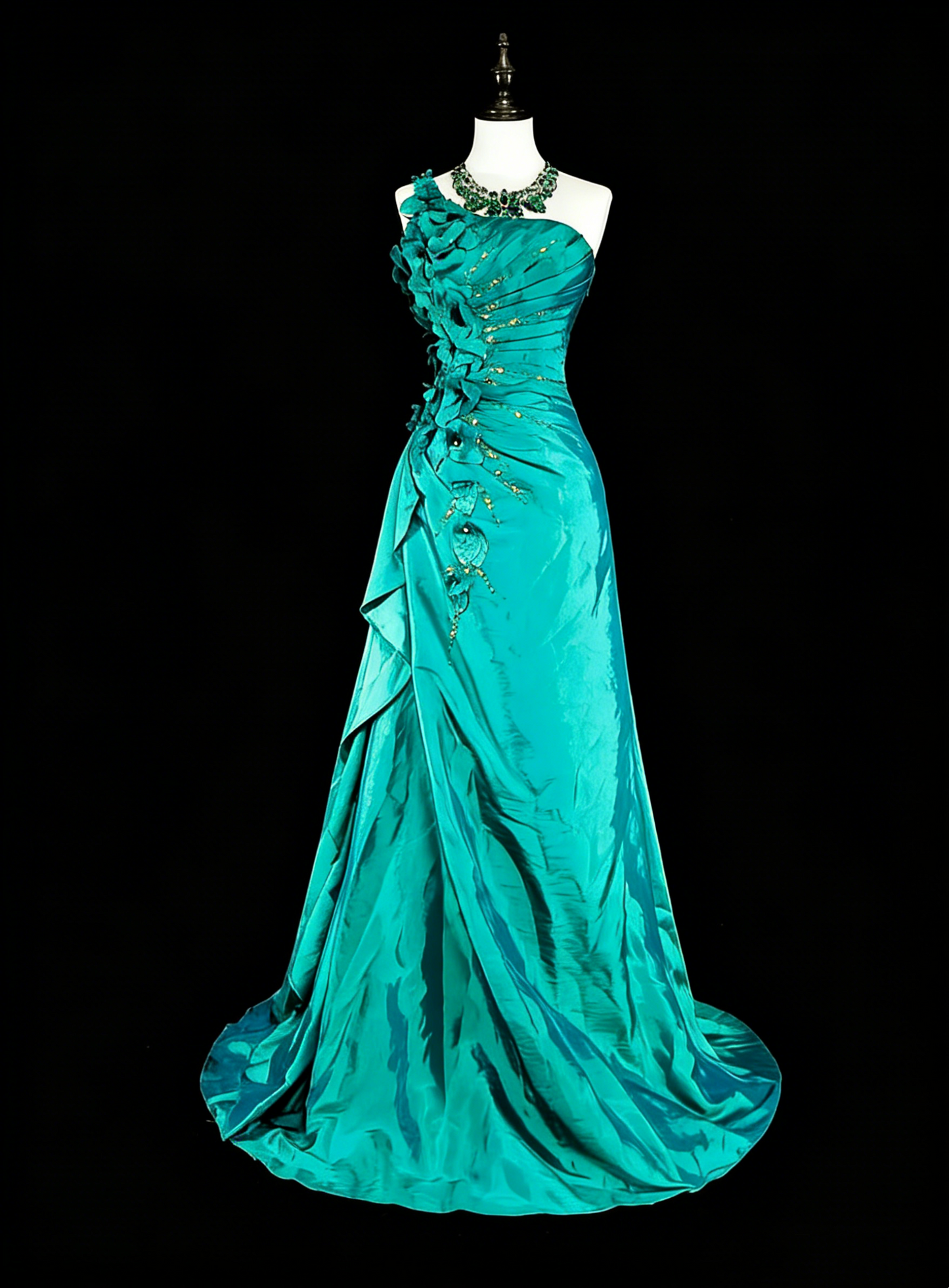Robe de bal longue vintage sirène asymétrique verte années 70 avec plis et perles, N1838