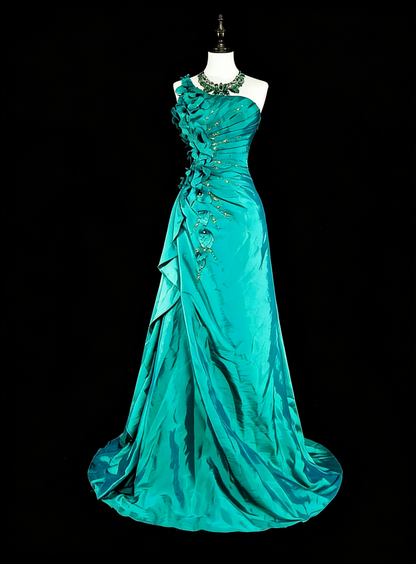 Robe de bal longue vintage sirène asymétrique verte années 70 avec plis et perles, N1838