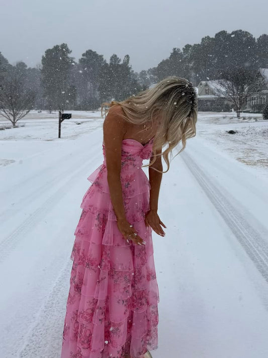 Elegantes, A-Linien-Abendkleid aus rosa Chiffon mit Blumenmuster, langes Partykleid N1530