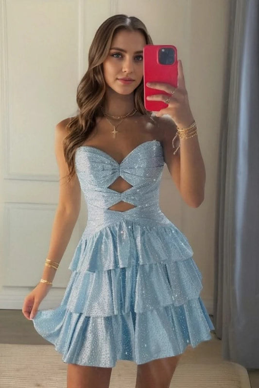 Cute Prom Night Party Outfit A line Sweetheart Blue Hoco Dress inspo Short Homecoming Dresses RB6062
