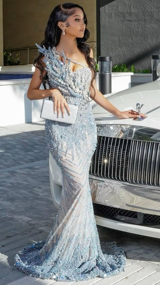 Sexy Mermaid Strapless For Black Girls Women Sequin Sleeveless Long Prom Dresses With Beads Long Formal Dress RB3831