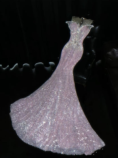 Glittery Mermaid Scoop Pink Glitter Sequin Long Prom Dresses Impress Birthday Outfits Evening Gowns RB8943