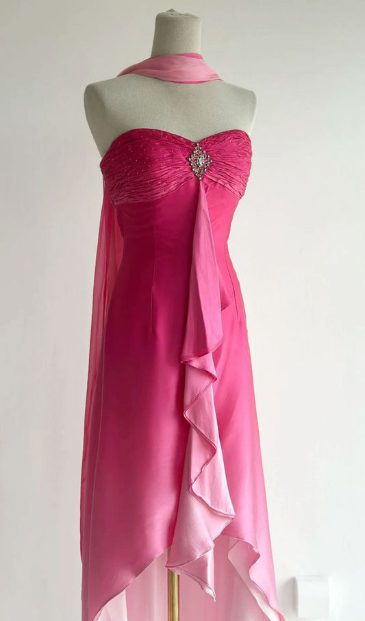 Vintage Y2K A-Linie 2000er Jahre Pink Ombre Abendkleid Farbverlauf Ärmellos Ballkleid zum 21. Geburtstag Abschlussballkleider N2409