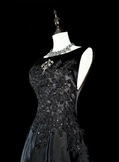 Robes de bal vintage esthétiques en tulle noir coupe trapèze col rond avec applications longue robe de soirée N2158