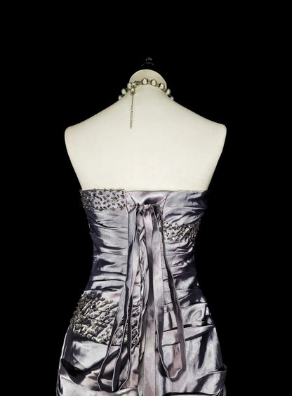Vintage Prom Dresses Aesthetic Mermaid Strapless Silver Grey Taffeta Classic Inspo Party Dress N2001