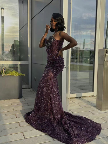 Sexy Meerjungfrauen-Abendkleid mit Herzausschnitt, Pailletten, Perlen und Strasssteinen, langes Abendkleid AB2103