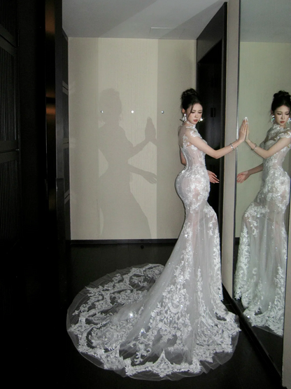Robe de mariée princesse sirène col montant corsage en dentelle et tulle, style robe de mariée longue ajustée AB2405