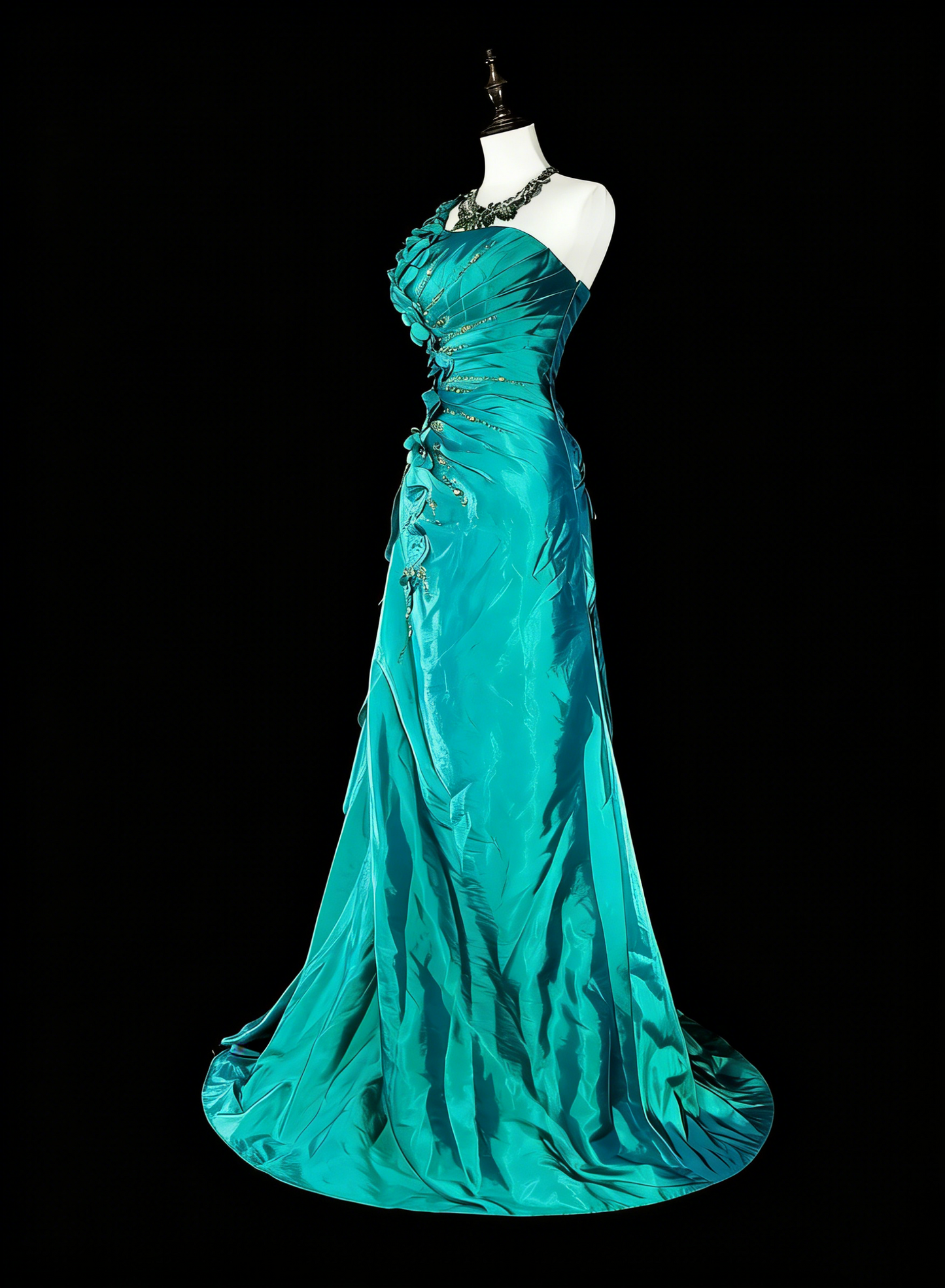 Robe de bal longue vintage sirène asymétrique verte années 70 avec plis et perles, N1838