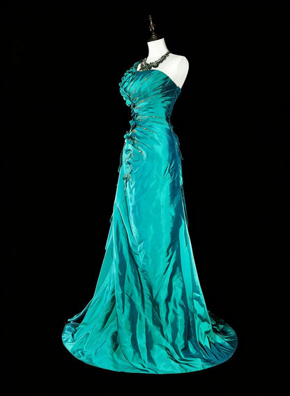 Robe de bal longue vintage sirène asymétrique verte années 70 avec plis et perles, N1838
