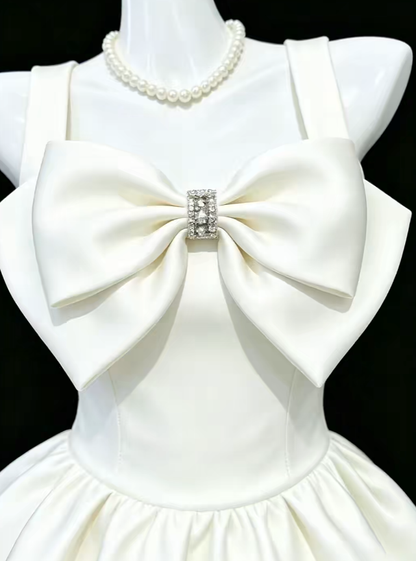 Simple Ball Gown Straps White Satin Mini University Ideas Homecoming Dresses Inspo Short Hoco Court Gowns RB7201