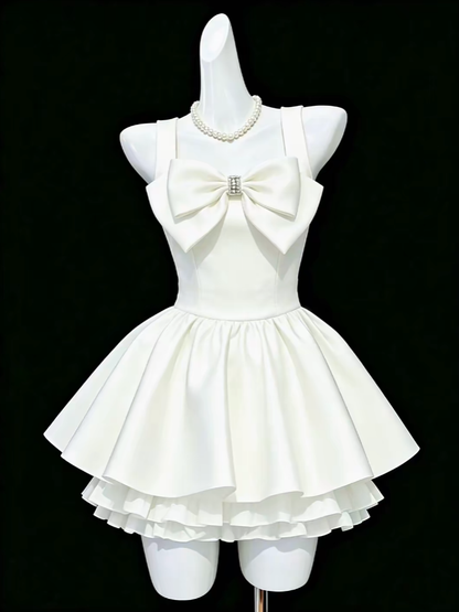 Simple Ball Gown Straps White Satin Mini University Ideas Homecoming Dresses Inspo Short Hoco Court Gowns RB7201