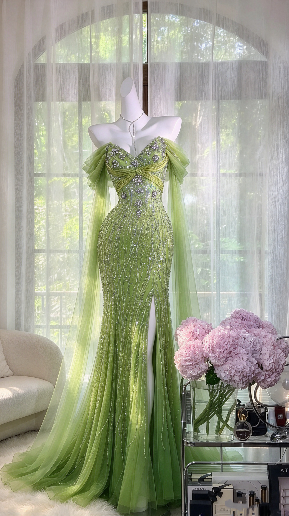 Prom Dresses Inspiration Mermaid Off Shoulder Tulle Green With Silver Beading Long Formal Party Gown 8th Grade Dress RC1277